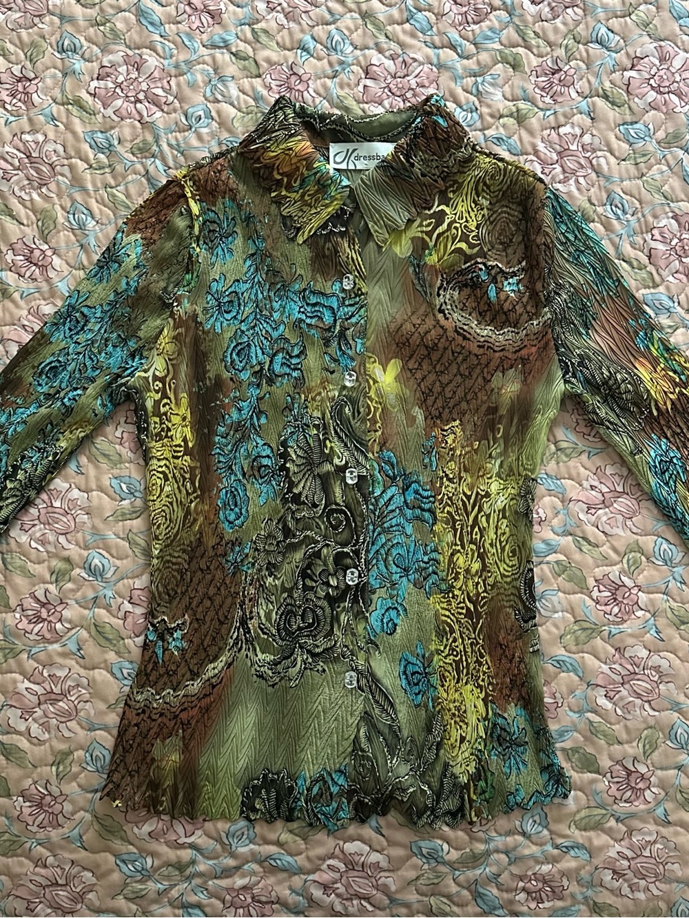 Dressbarn Turquoise Green & Brown Whimsy Floral Printed Women’s Blouse